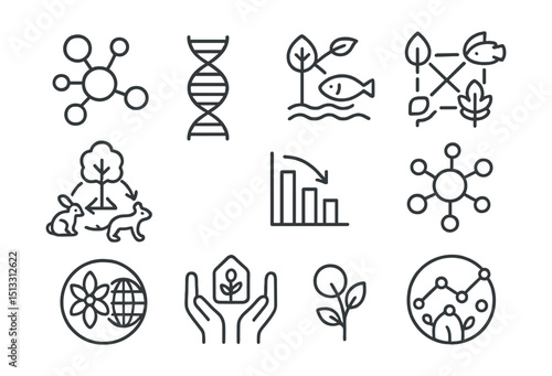 Line style icons of genetic diversity and ecosystems: genetic variation icon, DNA strands, ecosystem web, balanced food chain, species richness chart, gene pool tile, biodiversity symbol,