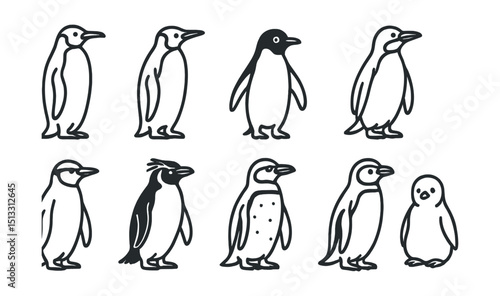 Line style icons of all penguin types: emperor penguin, king penguin, Adélie penguin, gentoo penguin, chinstrap penguin, rockhopper penguin, Magellanic penguin, Humboldt penguin, little blue penguin,