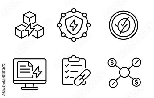 Line style icons of sustainable energy: blockchain + energy icon, decentralized grid badge, verified clean energy token, green smart contract screen, energy audit on chain, distributed transaction