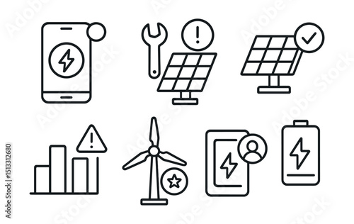 Line style icons of sustainable energy: energy app notification icon, service update alert, status change badge, usage spike warning, green milestone ping, battery low message, user notice from grid.