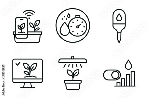 Line style icons of smart home technology: smart garden icon, irrigation scheduler badge, soil moisture monitor, plant health screen, lighting for grow setup, weather sync irrigation toggle, water