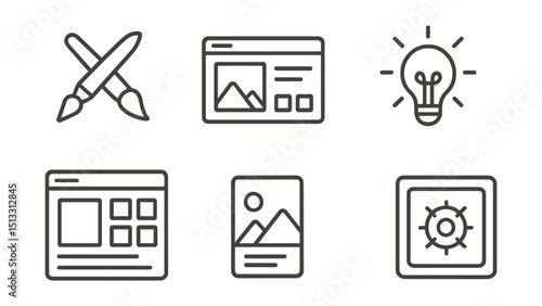 Line style icons of social media: creative tools icon, sketch to post layout, idea spark badge, content grid planning screen, aesthetic preview card, visual trend ideas, inspiration vault symbol.