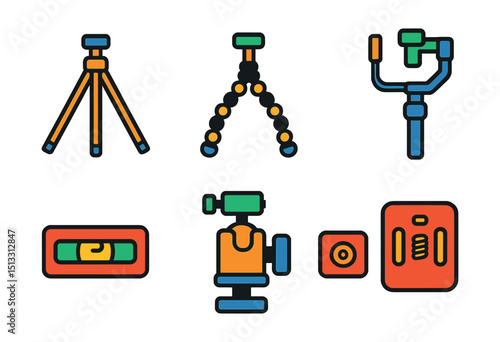 Flat vector icons of tripod and stabilizers: tripod stand, gorilla pod, monopod, ball head, gimbal stabilizer, level bubble, tripod mount, quick release plate.