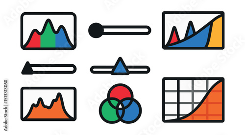 Flat vector icons of histogram and levels: RGB histogram, black point, white point, midtone slider, levels graph, tone histogram, color channels, exposure curve.
