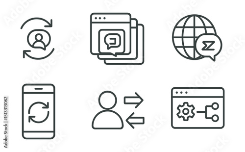 Line style icons of social media: platform switch icon, multiple social tab, cross-platform post badge, sync to other app screen, migrate profile button, integration setup layout.