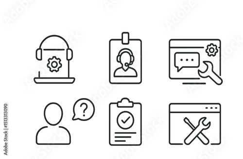 Line style icons of remote work: remote support icon, help desk badge, IT chat window, troubleshooting screen, assistant request icon, problem solved tracker, guide to fix layout.