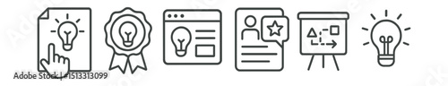 Line style icons of remote work: idea submission icon, innovation pitch badge, new solution layout, team feedback card, prototype sketch board, early concept symbol, smart input flow.