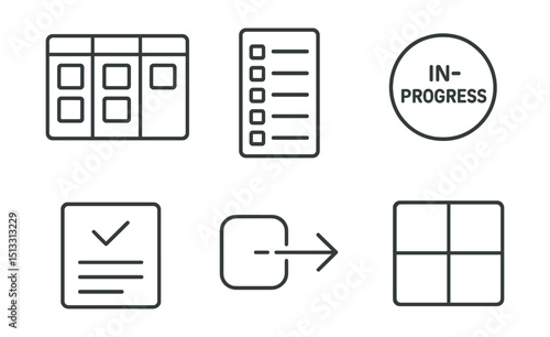 Line style icons of remote work: project kanban board, task lane view, backlog column icon, in-progress stage badge, done card screen, drag to stage toggle, workflow tracking grid.