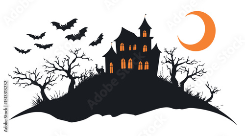 Spooky halloween haunted house hill bats moon