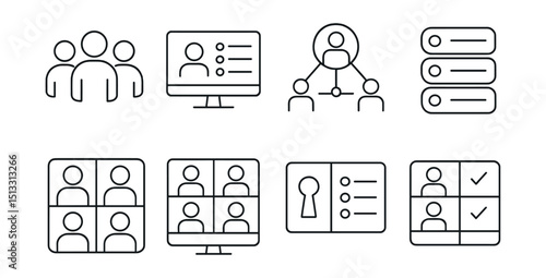 Line style icons of project management: project team icon, role assignment screen, collaboration network badge, contributor tag list, squad view layout, remote team avatar grid, access panel board,