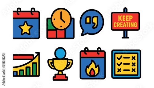 Flat vector icons of creative motivation: daily challenge, time block icon, motivational quote, “keep creating” sign, progress tracker, creative milestone, habit streak, goal board.