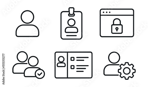 Line style icons of project management: user profile icon, member tag badge, access control screen, collaborator status symbol, login tracker panel, activity feed layout, personal role assignment.