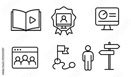 Line style icons of project management: learning module icon, onboarding tutorial badge, project training screen, course progress tracker, team education layout, knowledge checkpoint icon,