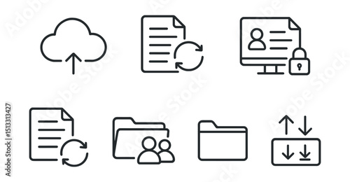 Line style icons of project management: cloud storage icon, synced files badge, access log screen, encrypted document symbol, version restore layout, shared resource folder, upload/download tracker.