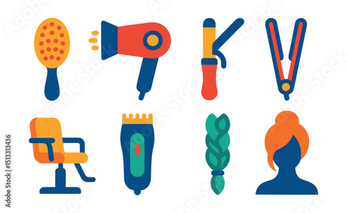 Flat vector icons of hairstyle and hair care: hairbrush, blow dryer, curling iron, hair straightener, salon chair, hair clipper, braid icon, updo style.