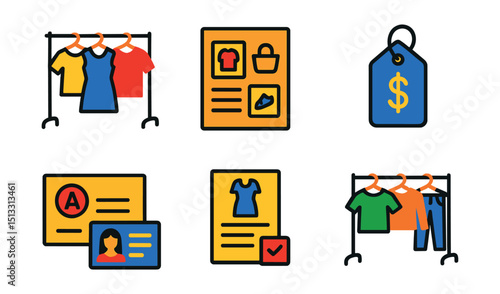 Flat vector icons of fashion business: showroom display, product line sheet, lookbook icon, wholesale pricing, fashion branding, designer business card, order form, client rack.