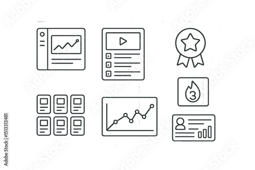 Line style icons of education and learning platforms: educational dashboard icon, course overview screen, engagement tracker badge, study streak panel, module card grid, lesson activity chart,