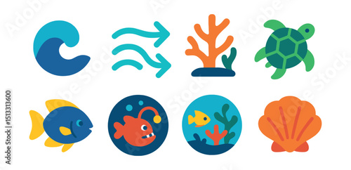 Flat vector icons of oceans and seas: wave icon, ocean current, coral reef, sea turtle, ocean fish, deep sea, underwater scene, sea shell.