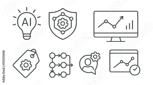 Line style icons of business innovation: AI-powered innovation icon, data-driven logic badge, model-based decision screen, predictive insight panel, machine learning tag, neural task flow, smart