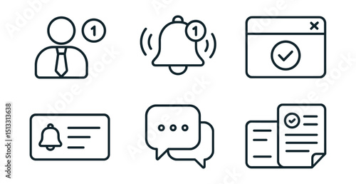 Line style icons of business innovation: business notifications icon, smart alert badge, system status pop-up, reminder panel screen, team update bubble, feedback ping layout, project ping card.