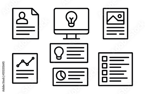 Line style icons of business innovation: reading document icon, whitepaper screen badge, case study layout, industry trends report, innovation article card, business insight digest, reading list