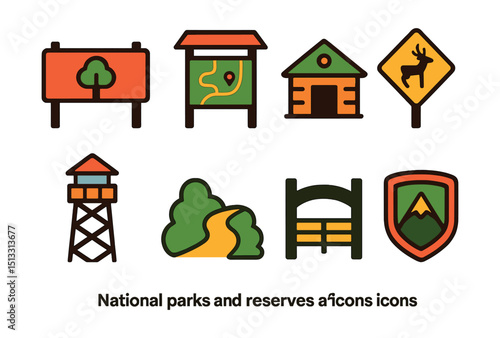 Flat vector icons of national parks and reserves: park entrance sign, trail map kiosk, ranger station, protected wildlife sign, observation tower, nature path, reserve gate, park badge.