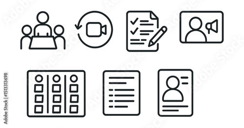 Line style icons of business innovation: team meeting icon, video sync badge, agenda tracker layout, note taker panel, speaker icon card, shared action items board, meeting minutes summary.