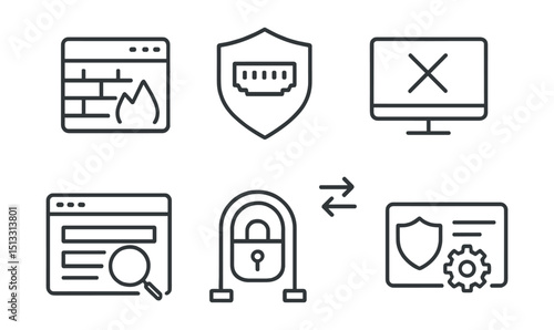 Line style icons of cybersecurity and privacy: firewall dashboard icon, port filter badge, blocked access screen, internal/external toggle, packet inspection layout, network gate symbol, defense