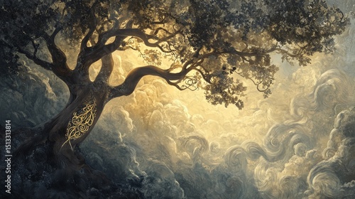 Tree with large branches against a cloudy ethereal sky with light shining through.