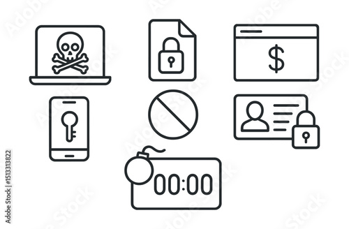 Line style icons of cybersecurity and privacy: ransomware icon, locked file badge, ransom note panel, encryption key request screen, blocked access symbol, hostage data card, countdown threat layout.