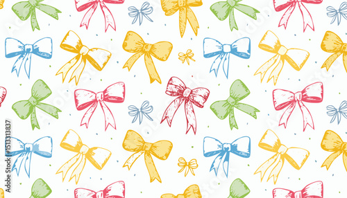  Gift drawing, cute present crayon design. Colorful doodle hand drawn bow pattern. Seamless ribbon print background. Pink silhouette.children, chalk, colourful, colours, doodle, horizontal, 