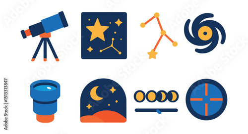 Flat vector icons of astronomy and telescopes: telescope tripod, star chart, constellation lines, galaxy icon, telescope lens, observation night, moon phases, sky viewfinder.