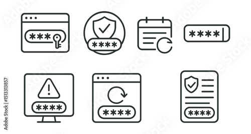 Line style icons of cybersecurity and privacy: password policy icon, complexity requirement badge, change interval panel, minimum length tracker, expired warning screen, reused password alert, secure