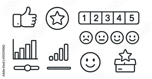 Line style icons of customer interaction: thumbs up/down icon, star rating badge, 1–5 scale icon, emoji feedback row, satisfaction bar chart, feedback slider symbol, experience score icon,