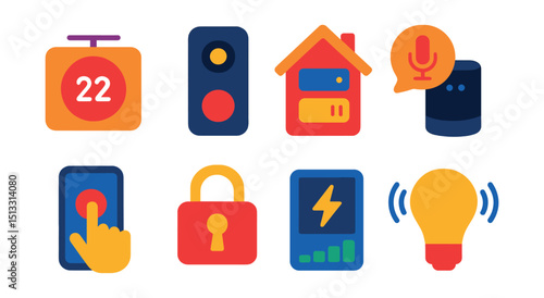 Flat vector icons of smart home and automation: smart thermostat, video doorbell, home sensors, voice assistant, app control, smart lock, energy monitor, smart lighting.