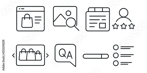 Line style icons of e-commerce journey: product detail page icon, zoom image badge, technical specs tab, customer review section, related products slider, Q&A field icon, item availability bar,