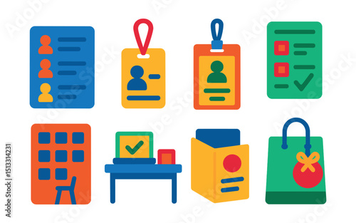 Flat vector icons of guest management: guest list icon, name tag, attendee badge, registration form, seat assignment chart, check-in table, welcome pack, gift bag.
