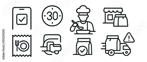 Line style icons of food delivery: order confirmation screen, meal receipt icon, time estimate badge, kitchen preparing symbol, pickup from restaurant, packed and ready icon, ready for handoff,