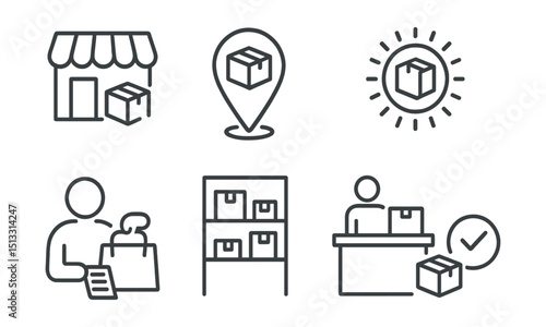 Line style icons of in-store pickup: store building with box icon, pickup point symbol, order ready badge, bag at counter, customer with receipt, pickup shelf icon, front desk with parcel, pickup