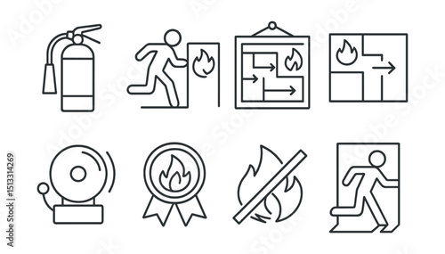 Line style icons of workplace safety: fire extinguisher icon, emergency fire sign, fire drill plan, evacuation route map, alarm bell symbol, fire safety training badge, flame with slash icon,