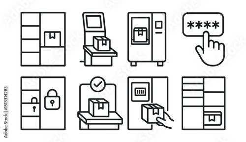 Line style icons of in-store pickup: parcel in locker icon, small self-service station, mini pickup machine, enter code to open badge, locker cell unlock icon, pick-and-go station symbol, scan screen