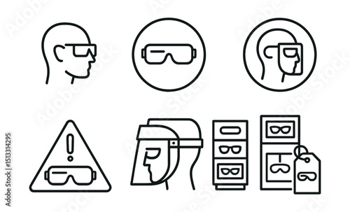 Line style icons of workplace safety: eye protection icon, safety goggles badge, mandatory eyewear symbol, protective face shield icon, optical hazard sign, equipment with visor, safety glass storage