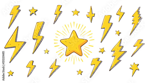 Star and flash doodle scribble icons. Rock and punk lightning, hand drawn line sketch vector. Music thunder crayon cartoon set. Stars and flash fire brush illustration.flash, vector, arrow, blob, 