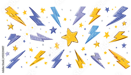 Star and flash doodle scribble icons. Rock and punk lightning, hand drawn line sketch vector. Music thunder crayon cartoon set. Stars and flash fire brush illustration.flash, vector, arrow, blob, 