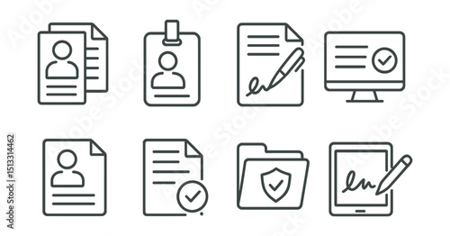 Line style icons of employee onboarding: HR documents icon, ID card issuance badge, contract signing symbol, digital form submission, personal data sheet, policy acknowledgment icon, compliance
