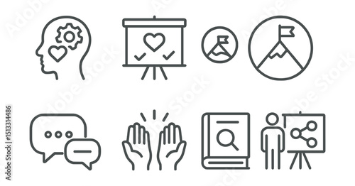 Line style icons of employee onboarding: internal culture icon, values board symbol, company mission badge, workplace etiquette guide, communication norms, team rituals icon, internal glossary book,