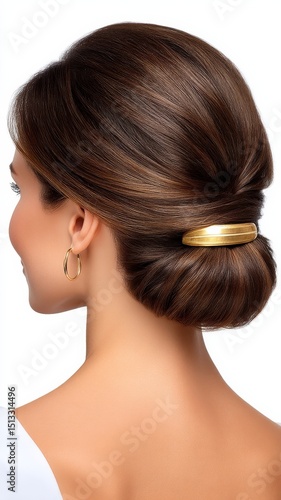 Classic French Twist Hairstyle with Golden Hair Accessory on Woman from Back View