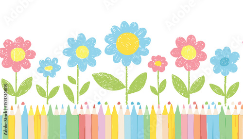Flower crayon. Pastel chalk pattern. Child vector, spring seamless background. Floral cute kid color wax pattern. Childish pencil flower.flower, children, colourful, graphic, pastel, repeat, 