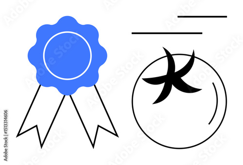Blue award ribbon alongside circular fruit with star top and stylized lines. Ideal for quality, certification, achievement, recognition, organic products, branding, and minimalistic representation