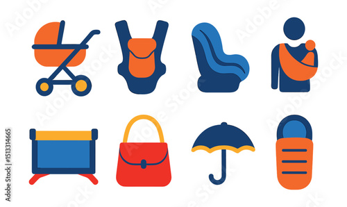 Flat vector icons of baby transport: stroller, baby carrier, car seat, baby sling, travel crib, stroller bag, sunshade, footmuff.